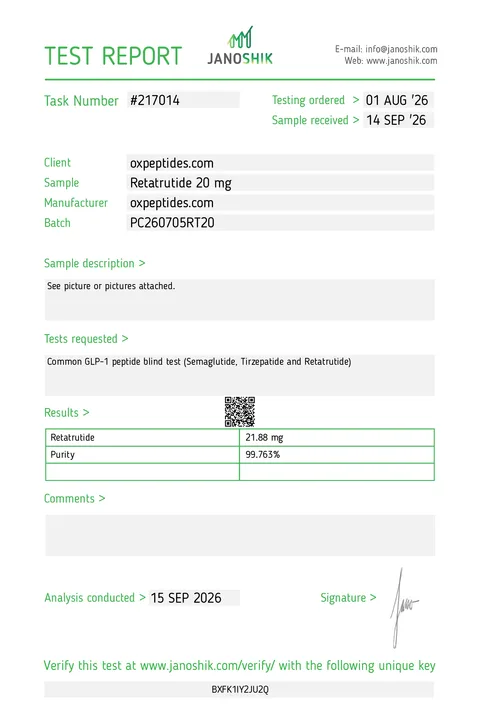 Janoshik-Prüfbericht Nr. 217014, Retatrutide 20 mg