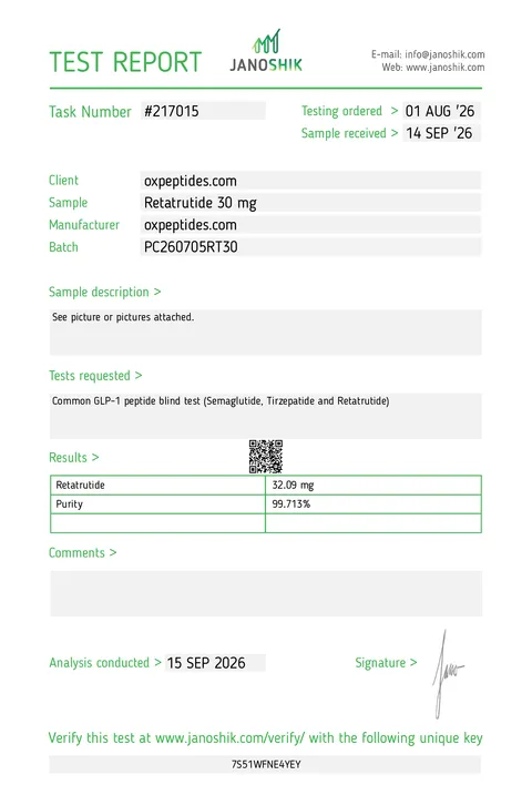Janoshik-Prüfbericht Nr. 217015, Retatrutide 30 mg