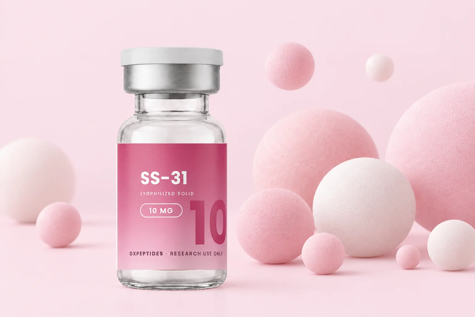 SS-31 10 mg lyophilisiertes Fläschchen zwischen weichen pastellrosa Kugeln